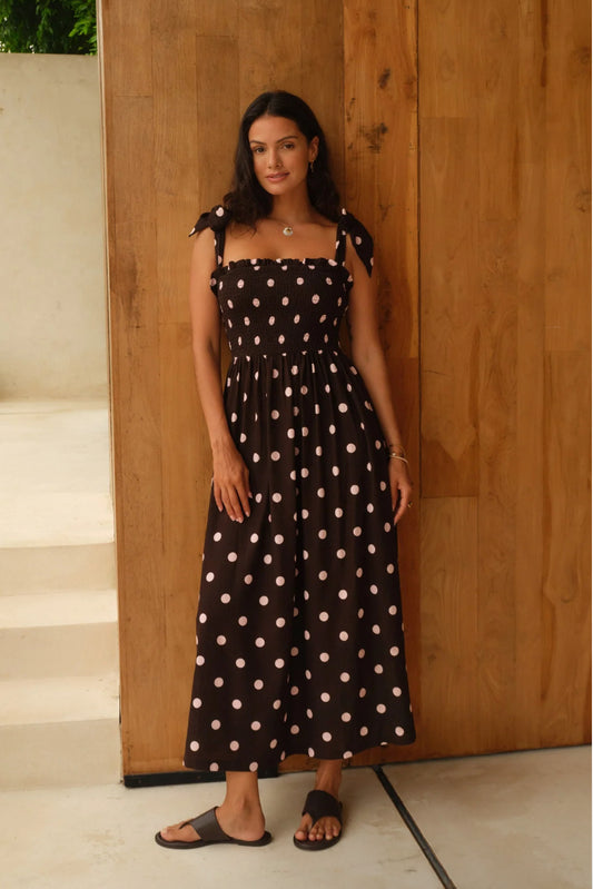 SHIRRED MAXI DRESS PINK/CHOC POLKA
