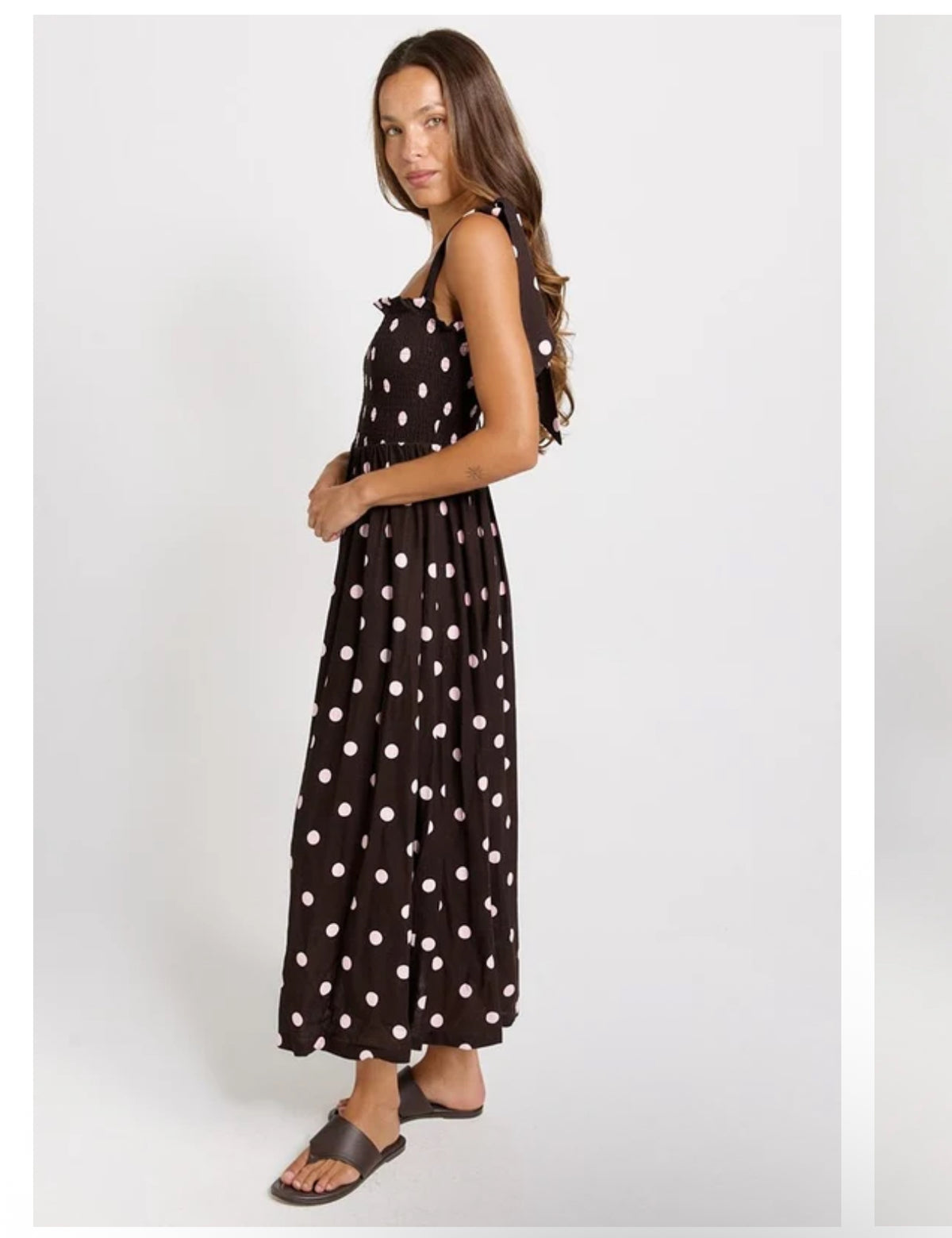 SHIRRED MAXI DRESS PINK/CHOC POLKA