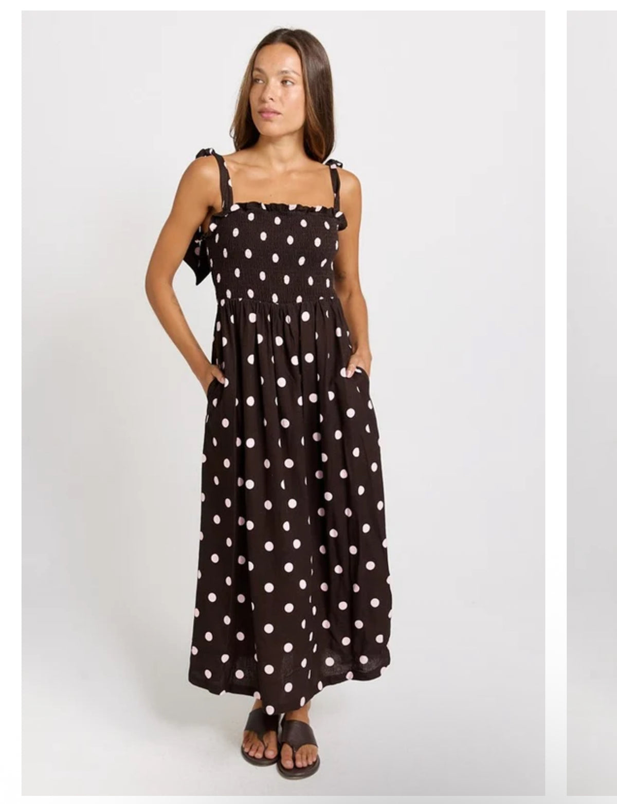 SHIRRED MAXI DRESS PINK/CHOC POLKA