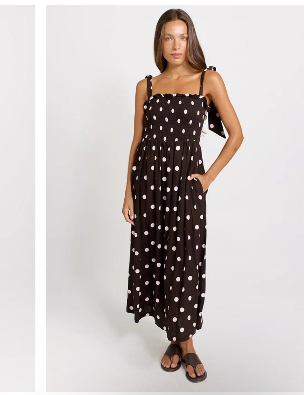 SHIRRED MAXI DRESS PINK/CHOC POLKA